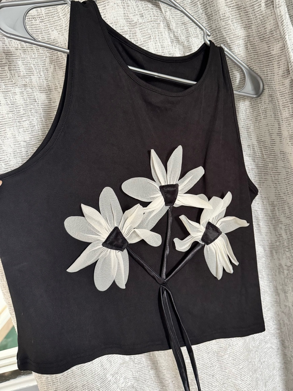 Black Floral Applique Tank Top - White Flower Detail